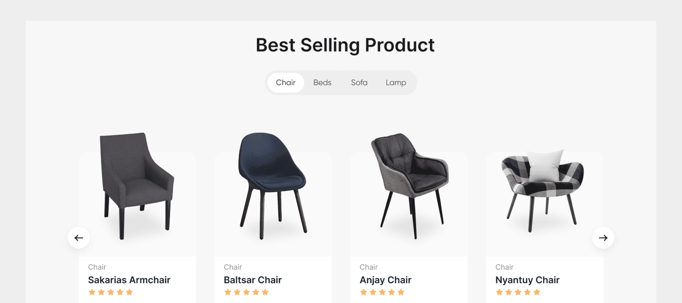 Best selling products section on a ecommerce template site showing four different chairs for sale