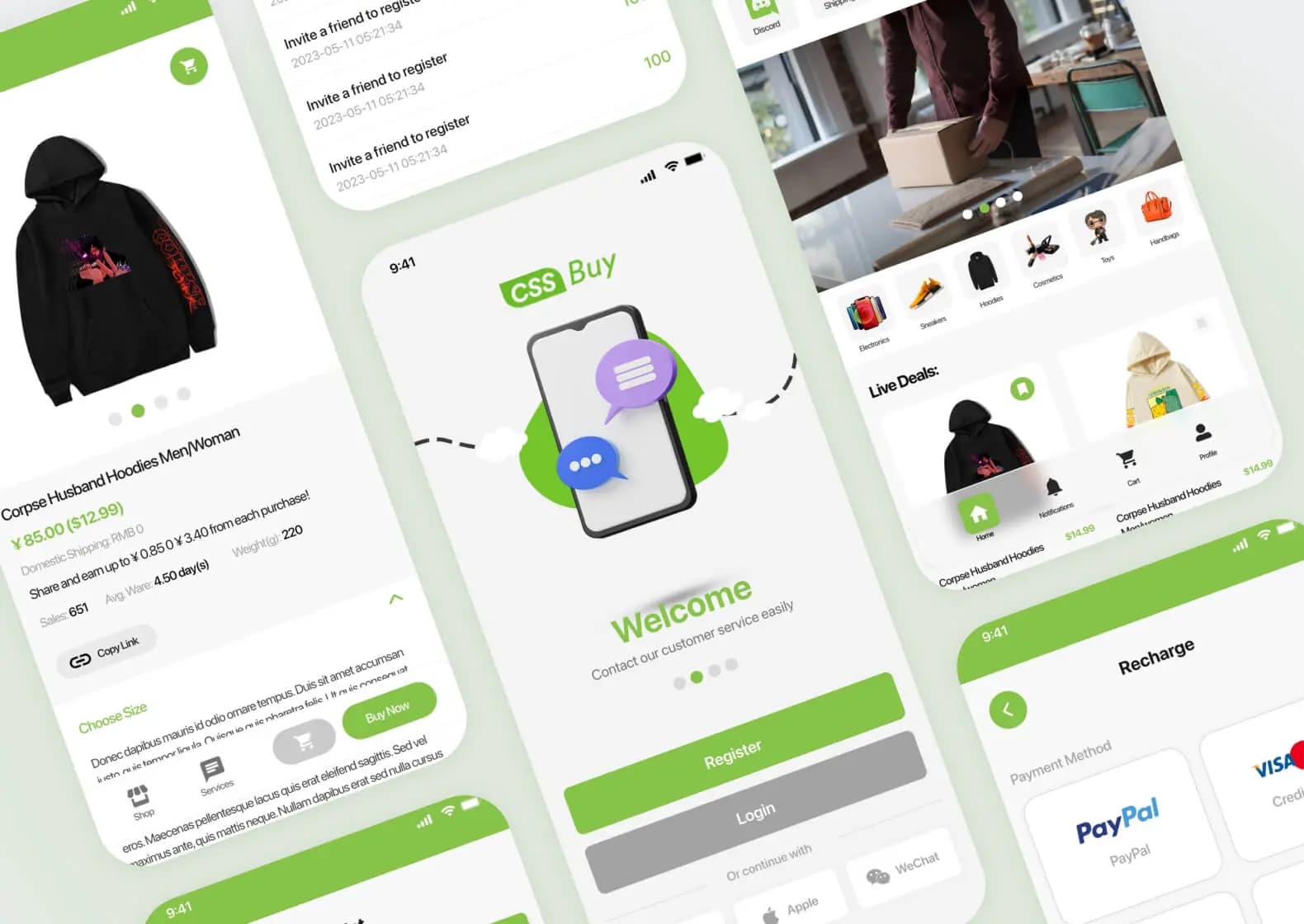 Mobile screen designs of the CSSBUY app