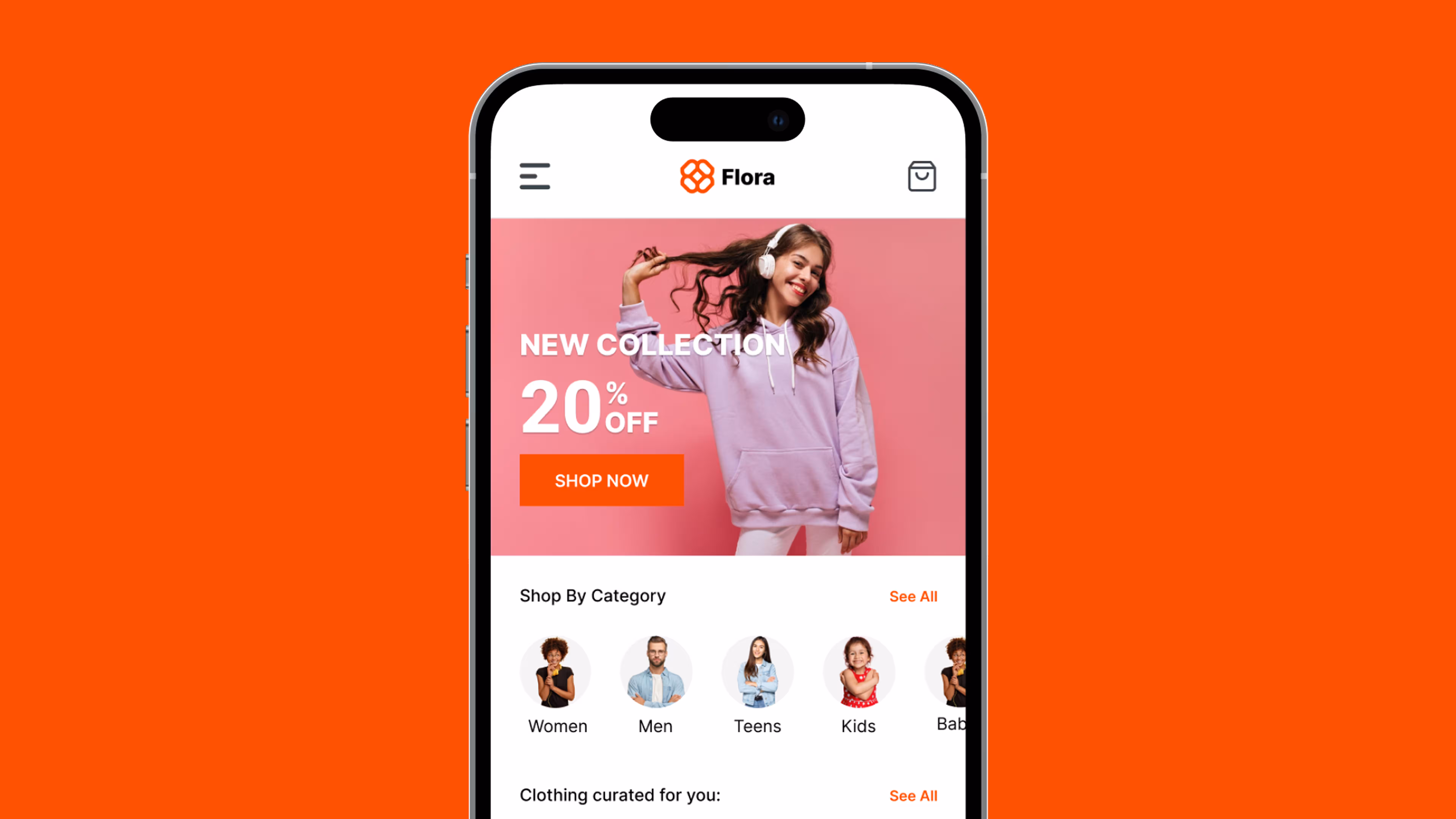 Ecommerce mobile layout design for a online clothing store Flora