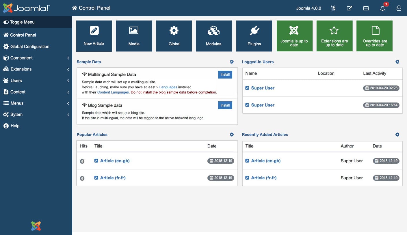 Joomla CMS Dashboard backend interface
