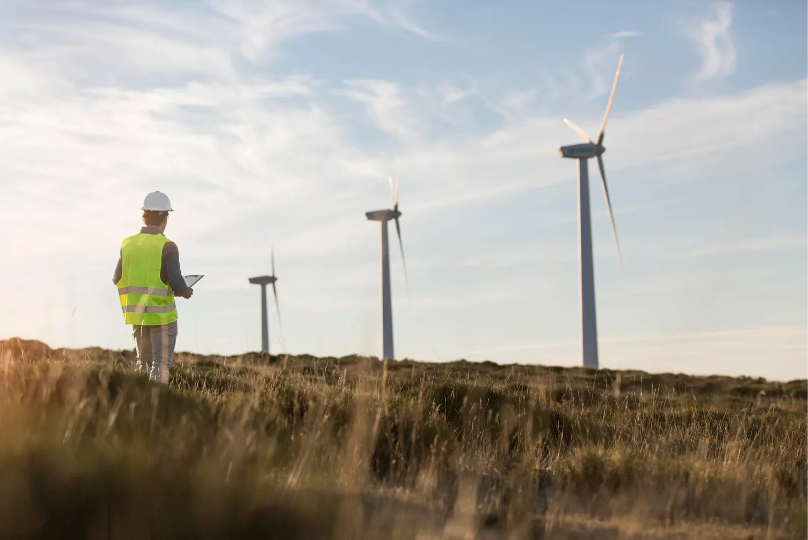 Man walking through wind farm