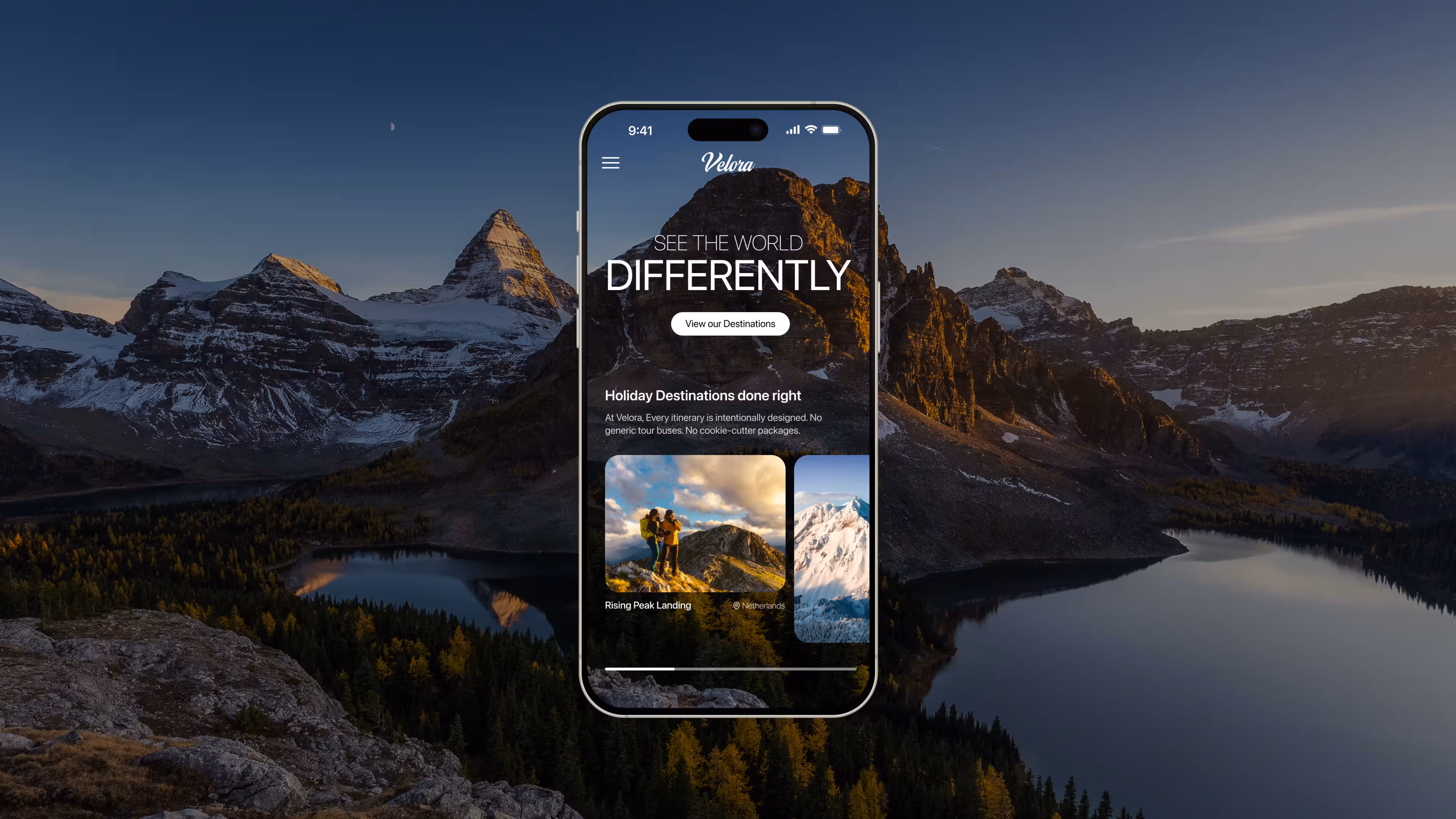 Velora Website Mobile Layout Design over mountain ranges