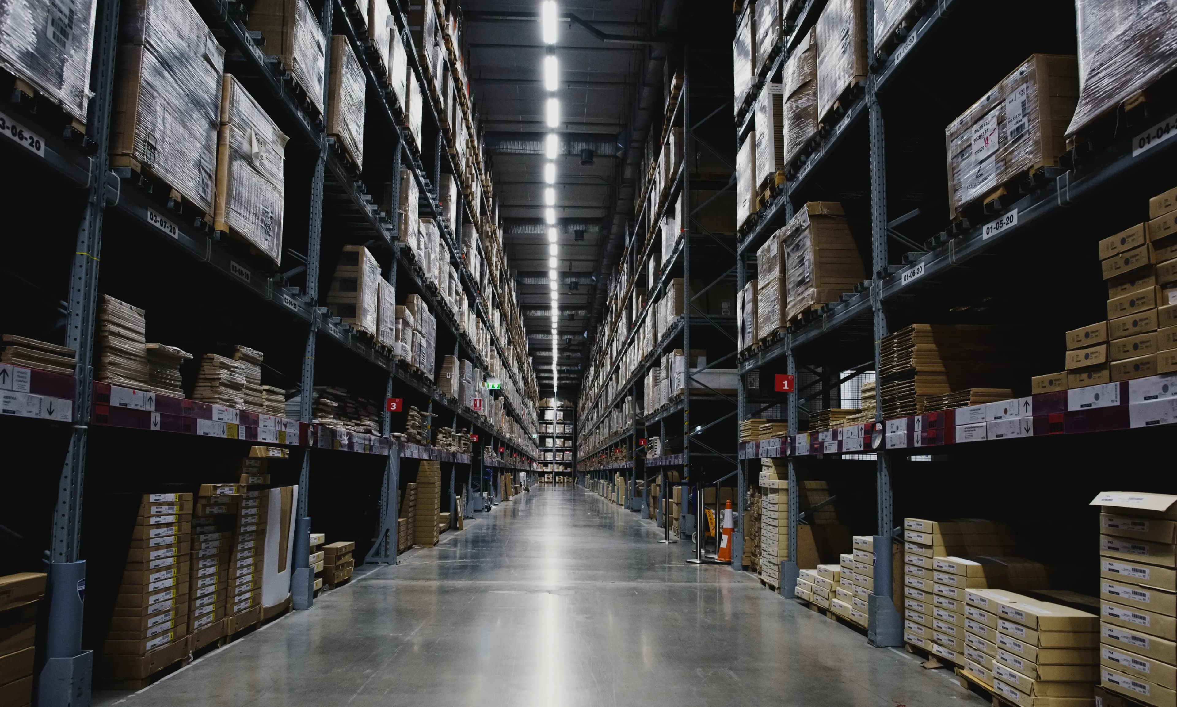 Warehouse store with inventory of products on shelves for ecommerce store